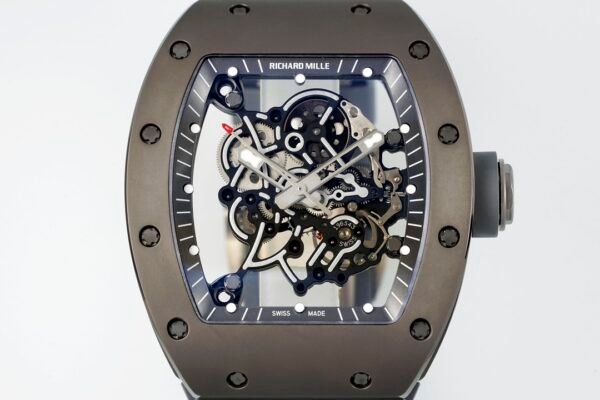 close-up front view of the rm055 all-grey skeleton dial