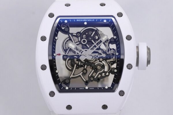 close-up front view of the rm055 all-white skeleton dial